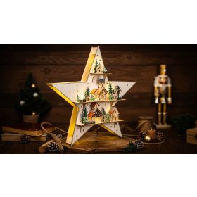   LED karácsonyi csillag tájképpel, fehér, fa, elemes (X25006) - CHRBST15WW