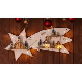   LED karácsonyi csillag tájképpel, fehér, fa, elemes (X22092) - CHRBSTWW13WW